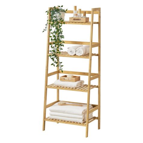 Ebern Designs Latrica 45Cm W x 123Cm H x 32Cm D Solid Wood Free-Standing Bathroom Shelves | Wayfair.co.uk Freestanding Bathroom Shelves, Wooden Ladder Shelf, Bathroom Ladder, Bamboo Shelf, Hippy Room, Bamboo Bathroom, Light Colored Wood, Scandinavian Bathroom, Minimalist Kitchen Design