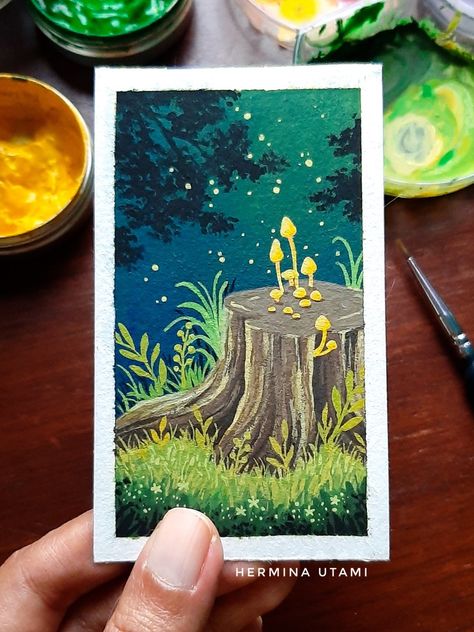 Gouache painting of a fantasy forest. Gouache Mushroom Painting, Guache Christmas Painting, Colorful Gouache Painting, Fantasy Gouache Painting, Ghibli Gouache Painting Tutorial, Gouache Painting Inspiration, Gouache Fantasy Art, Gouache Dragon, Gouache Painting Ideas Inspiration