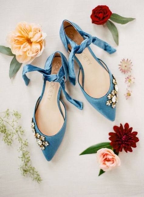 Blue Velvet Pointed Toe with Rhinestone Accent Flat Wedding Shoes Blue Bridal Flats, Blue Wedding Shoes Flats, Bridesmaid Flats Shoes, Blue Flats Wedding, Blue Wedding Flats, Blue Wedding Shoes For Bride, Flat Wedding Shoes For Bride, Blue Wedding Shoes Low Heel, Mormon Fashion