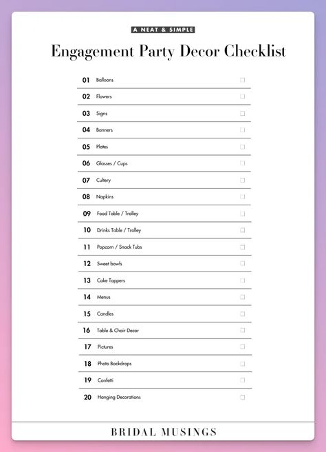 Party Decor Checklist, Floral Engagement Party, Engagement Party List, Engagement Party Planning Checklist, Engagement Party Checklist, Engagement Party Brunch, Small Engagement Party, Wedding Decoration Checklist, Fun Engagement Party