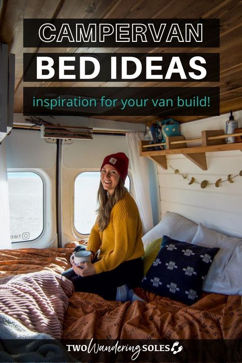 Are you designing your campervan bed and need some inspiration? Well, come and rest your head here. We’re sharing all the bed layouts possible in a van and considerations such as price, space, and comfort. Get your campervan bed ideas here! Campervan Bed Ideas Diy, Campervan Bedding, Campervan Bed Ideas, Vanlife Tips, Self Build Campervan, Campervan Bed, Campervan Ideas, Camper Beds, Van Bed