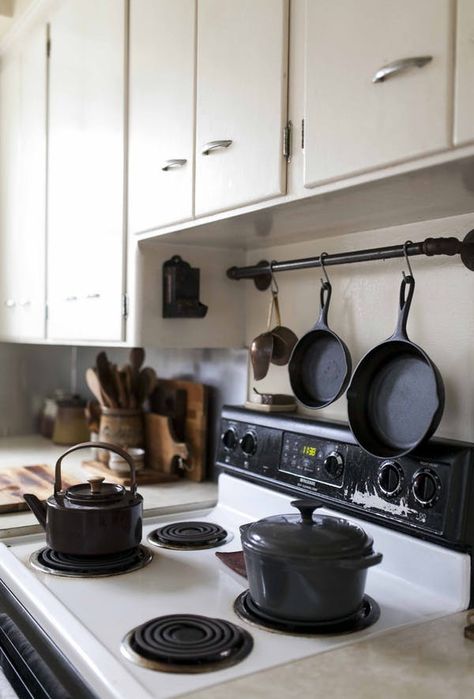 5 Things I Learned About Tidying the Kitchen from Marie Kondo | Kitchn Ikea Rack, Pan Storage, Kitchen Tour, Pot Rack Hanging, Iron Storage, Pot Rack, My Bedroom, Hanging Racks, Kitchen Rack