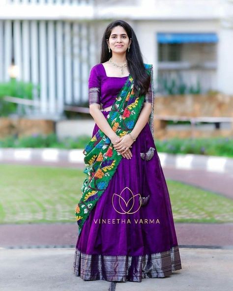 Nandu Ramisetty, Langa Voni Half Saree, Paithani Blouse Design, Pink Half Sarees, Blouse Design Aari Work, Paithani Blouse, Half Saree Function, Kalamkari Dresses, Lehenga Saree Design