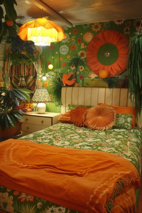 Rachel Green Bedroom, 70s Bedroom Aesthetic, Retro Style Bedroom, 1970s Bedroom, Groovy Bedroom, 1970s Interior, 1970s Interior Design, 70s Bedroom, Green Bedroom Aesthetic