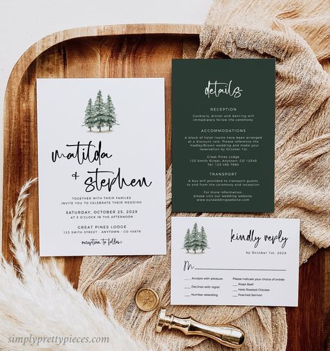 "These printable forest wedding invitation suite templates have a minimal evergreen design with an optional photo reverse side on the invitation. There are two details cards included, one with a bold green background and the other with the pine tree design. An RSVP card and RSVP mailer complete the set. This is the perfect invitation suite for a rustic, outdoor or woodland wedding. It can be fully edited using TEMPLETT which is a fully customizable template editor that allows you to quickly and Evergreen Wedding Invitations, Wedding Invitations Forest Green, Forest Invitation Wedding, Wedding Invitations Dark Green, Forest Wedding Invitation, Pine Tree Design, Woodland Wedding Invitations, Forest Wedding Invitations, Evergreen Wedding