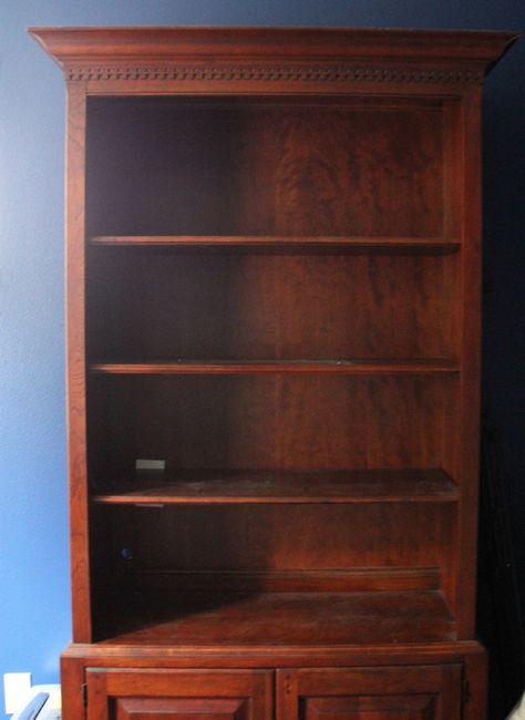 Lighten Up A Dark Bookcase — without paint! {Home Office Makeover} - The Inspired Room Wood Bookshelf Makeover, Dark Wood Bookshelves, Dark Bookcase, Diy Bookcase Makeover, Painted White Cabinets, Bookcase Redo, Dark Wood Bookcase, Dark Wood Shelves, Brown Bookcase