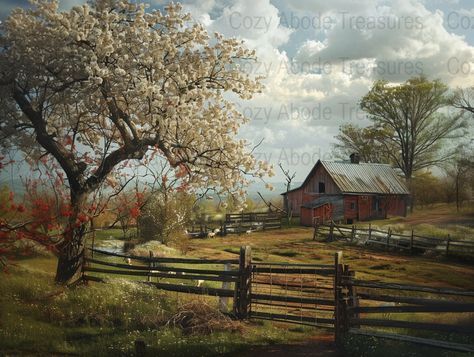 Embellish your living space with this serene digital artwork, featuring a rustic farmhouse surrounded by the splendor of spring. An idyllic country barn is set against a backdrop of blooming trees and a lush landscape, capturing the essence of tranquil rural life. Perfect for an instant aesthetic upgrade to your home or office, this high-quality digital download can be printed in various sizes to suit your decorating needs. Enjoy the beauty of the countryside all year round with this timeless piece. Print On Demand File Aspect Ratio 4:3 Frame Size 4x5, 8x10, 16x20, 24x30 Lush Landscape, Farmhouse Paintings, Barn Painting, Blooming Trees, Country Barn, Spring Landscape, Country Landscaping, Farmhouse Art, Landscape Artwork