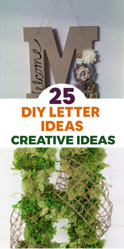 Discover the endless possibilities of DIY letter projects and infuse a unique flair into your living space. Transform simple materials into eye-catching decor with these innovative ideas. Embellish your home with a mesmerizing marquee letter light made from string lights and cardboard for a trendy look that will illuminate any room. Personalize your walls with a custom floral monogram using faux flowers on wooden or paper mache letters, creating an elegant touch. How To Decorate Letters Wood, Letter Signs Diy Initials, Wall Letters Decor, Creative Ideas For Art, Diy Letter Ideas, Wood Letter Crafts, Wood Letters Decorated, Alphabet Decor, Pallet Signs Diy