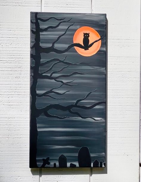 Rectangle Canvas Painting Ideas, Creepy Tree, Owl Halloween, Halloween Painting, Canvas Ideas, Simple Acrylic Paintings, Beginner Painting, Painting Ideas, Acrylic Painting