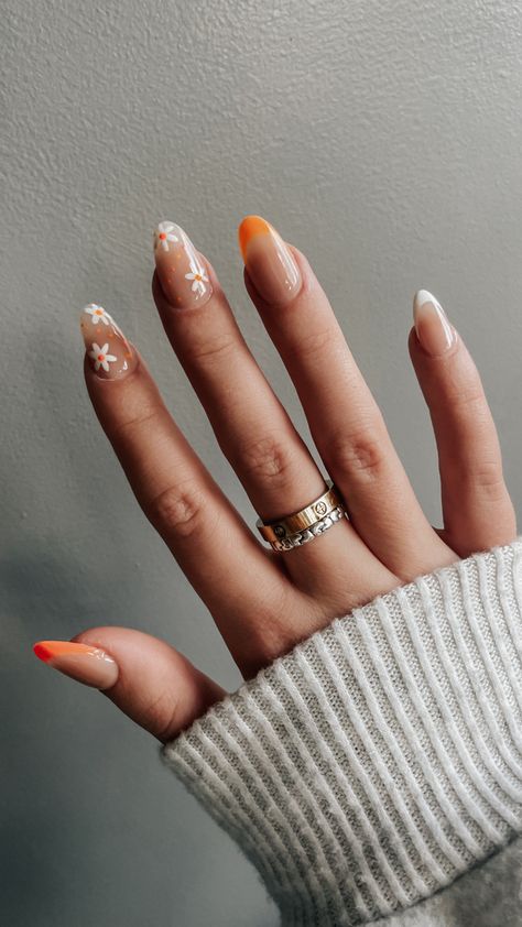 Orange Oval Nails Designs, Oval Shaped Nails Summer, Coloured French Almond Nails, Bach Nails Bridesmaid, Orange And White Tip Nails, Short Almond Acrylic Nails Orange, Orange Nails White Flowers, Orange Tip French Nails, Summer French Tip Nails Orange