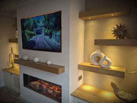 Custom-built Media Wall | Media Walls Media Walls For Small Rooms, Media Wall Oak Beam, Media Wall Oak Shelves, Media Wall With Oak Beam, Media Wall Without Fire, Media Wall Floating Shelves, Half Media Wall, Wooden Media Wall, Rustic Media Wall