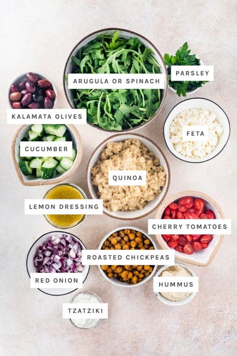 Mediterranean Quinoa Bowl, Feta Quinoa, Mediterranean Bowls, Mediterranean Quinoa, Vegan Feta Cheese, High Protein Vegetarian Recipes, Quinoa Bowl, Meal Prep Bowls, Vegan Meal Prep