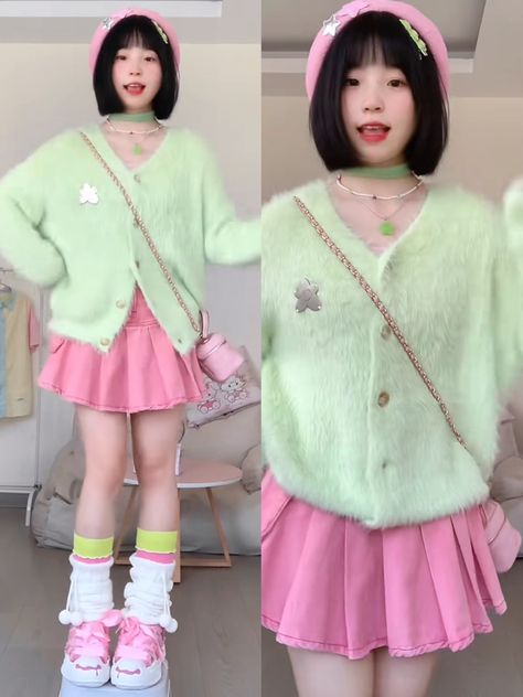 Colorful Kawaii Outfits, Pink And Purple Aesthetic Outfit, Bubblegumcore Outfits, Pastel Green Outfit Aesthetic, Pastel Pink And Green Outfit, Bubbly Outfits, Pastel Y2k Outfit, Kawaii Pastel Aesthetic Outfits, Pink And Green Outfit Aesthetic