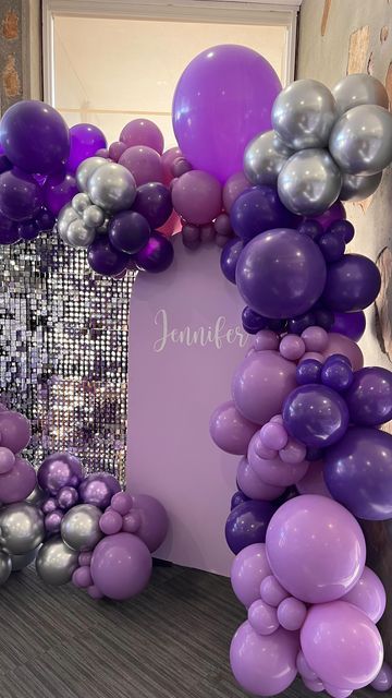 Sweet 16 Balloon Decor Purple Butterfly Balloon Arch, Purple And Silver Butterfly Birthday, Purple And Silver Sweet 16, Purple Decorations Party, Sweet 16 Party Ideas Purple, Purple Sweet 16 Decorations, Sweet 16 Purple Theme, Purple And Silver Birthday Party, Purple Birthday Theme