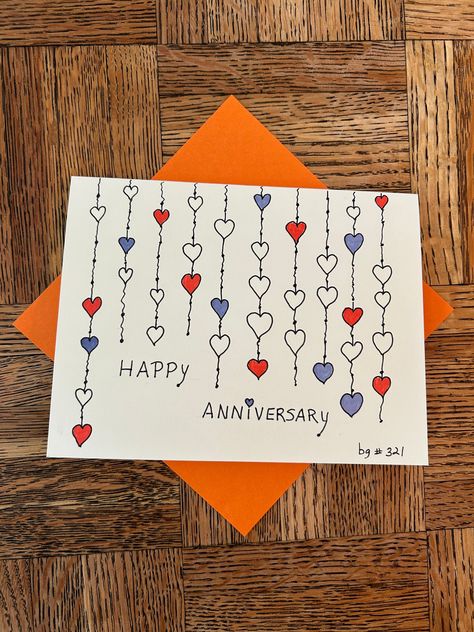 Sweet Happy Anniversary card with 10 strings of small hearts.  Some hearts are orange, some lavender, some beige cardstock color.  The card measures 5"x6.5" and is blank inside for you to write your message. Anniversary Card For Boyfriend Diy, Note Card Ideas For Boyfriend, 3 Year Anniversary Cards, Boyfriend Card Birthday, Homemade Love Cards, National Boyfriends Day Gifts, Bf Bday Card Ideas, Happy Anniversary Diy Cards, Diy Anniversary Cards For Him