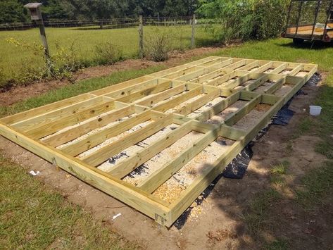 How To Build A Ground Level Deck Shed Foundation Ideas, Floating Deck Plans, Shed Foundation, Flat Roof Shed, Ground Deck, Concrete Sheds, Foundation Ideas, Ground Level Deck, Building A Floating Deck