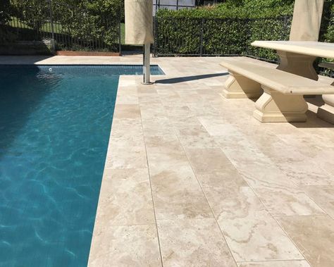 Backyard Travertine Pavers, Travertine Alfresco, Pool Travertine, Pool Flooring, Travertine Pool Decking, Cream Travertine, Travertine Patio, Concrete Stamp, Pool Paving