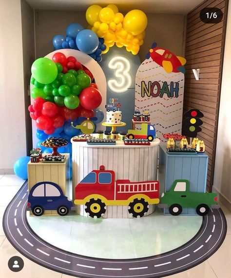 Transportation Balloon Garland, Transport Themed Birthday Party, Transportation Birthday Theme Decor, Transport Birthday Party Ideas, Truck Birthday Party Ideas, Things That Go Birthday Party, Car Theme Birthday Party, Car Themed Birthday Party, Transportation Birthday Theme