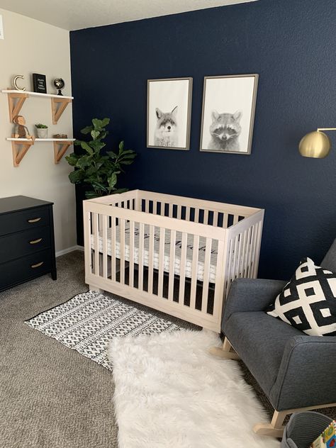 Nursery With Navy Accent Wall, Navy And Wood Nursery, Baby Boy Simple Nursery, Dark Blue Accent Wall Nursery, Baby Boy Nursery Blue And Gray, Dark Blue Nursery Boy, Navy Blue Accent Wall Nursery, Navy Blue Nursery Ideas, Navy Nursery Ideas