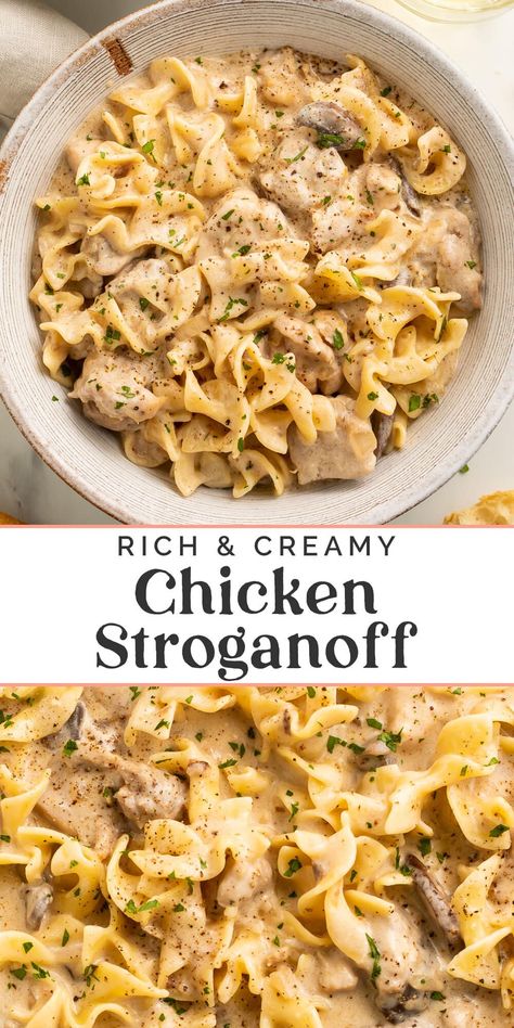 Creamy Chicken Dishes For Dinner, Light Stroganoff Recipe, Stroganoff Seasoning Recipe, Chicken Mushroom Stroganoff Recipe, Chicken Stroganoff Recipe Slow Cooker, Stroganoff Chicken Recipe, Rotisserie Chicken Stroganoff, Best Chicken Stroganoff Recipe, 12 Tomatoes Easy Chicken Stroganoff