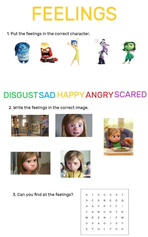 Inside Out Worksheets, Teaching Emotions, Inside Out Emotions, Movie Inside Out, Inside Out Characters, Kids Feelings, Emotions Activities, Coloring Page Ideas, Classroom Language