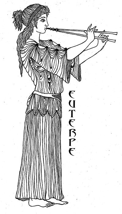 Euterpe  - the “Giver of Pleasure” is the muse of Music and is represented with a Flute. It has been said she is the inventor of the double flute.  Art by Katlyn Mythology Tattoos Greek, Tattoos Greek, Flute Art, Muse Of Music, Greek Mythology Tattoos, White Figures, Greek Vases, Mythology Tattoos, Greek Gods And Goddesses