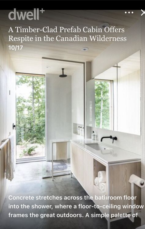 Concrete Shower Pan, Concrete Shower, White Mosaic Tile, White Mosaic Tiles, Cedar Cladding, House Shutters, Prefab Cabins, Hotel Concept, Scandinavian Bathroom