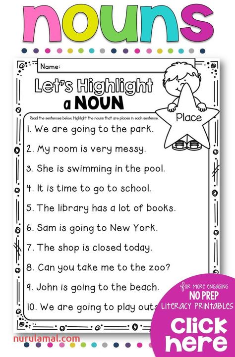 Nouns No Prep Printables Nouns Worksheet Kindergarten, Nouns First Grade, Nouns Kindergarten, Nouns And Verbs Worksheets, Teaching Nouns, Irregular Nouns, Proper Nouns Worksheet, Singular Plural, Common And Proper Nouns