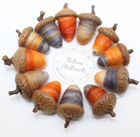 Get into the Halloween spirit with these Vintage Primitive Needle Felted Folk Art Acorns by Melissa Philbrook 🎃 Handmade with ethically sourced wool, bamboo and silk, these ornaments are a perfect addition to your Fall and Autumn decor! #HalloweenDecor #PrimitiveArt #FallDecor #Handmade #VintageAcorns 🍂🎨 

 #PrimitiveHalloween #Fall #wool #Homedecor #CopyrightMelissaPhilbrook #Artist #Signed #AMelissaPhilbrookDesign #Antiques #Autumn #USNorthwest #NaivePrimitive Acorn Crafts For Adults, Wool Decorations, Needle Felted Christmas Ornaments, Felted Wool Acorns, Acorn Art, Acorn Painting, Seed Craft, Wool Ornaments, Natural Crafts