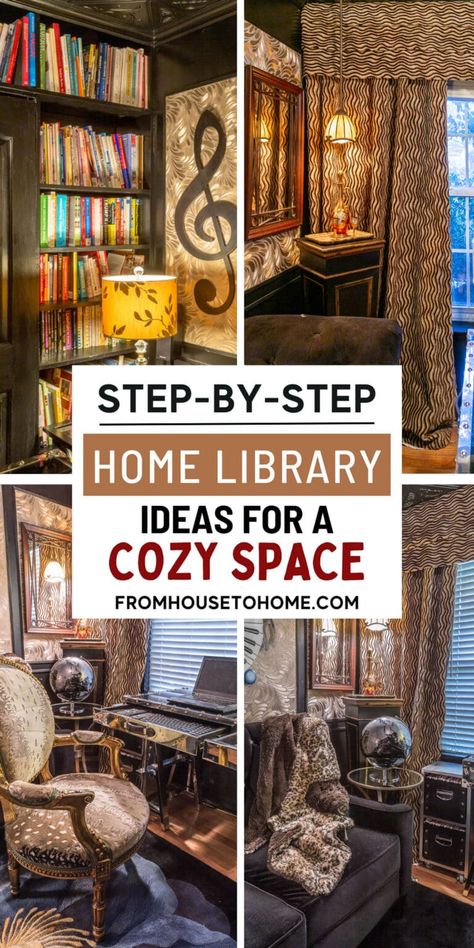 Step by step home office library ideas for a cozy space. Small Home Office Library, Home Office Library Ideas, Small Home Library Ideas, Small Home Library, Home Library Ideas, Cozy Home Library, Floor To Ceiling Bookshelves, Home Library Rooms, Faux Tin Ceiling