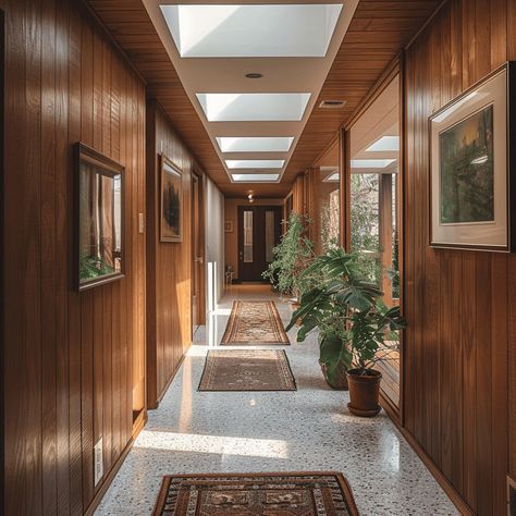 A mid-century modern hallway flooded with natural light from skylights or large windows, emphasizing the connection with nature and creating a soft, inviting atmosphere1 80s Modern Home Decor, Mid Century Modern Hallway, Mid Century Hallway, Modern Hallway Design, Japandi Living, Mcm House, Modern Entrance, Hallway Designs, Casa Vintage