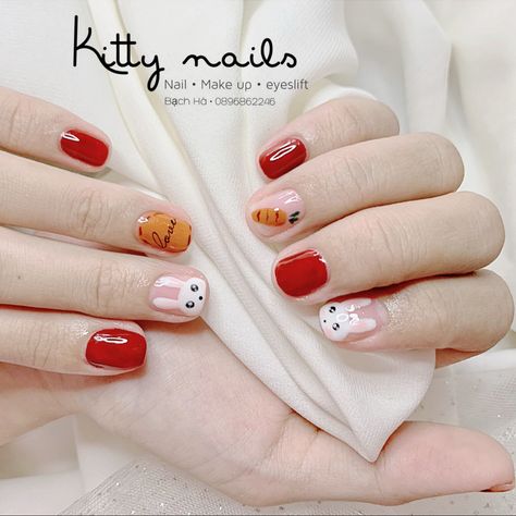 Rabbit Nails Design, Nails Rabbit, Imlek 2023, Rabbit Nails, Rabbit Nail Art, Nails Cartoon, Nails Paint, Rabbit Accessories, Cartoon Nails