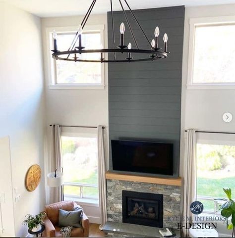 Sherwin Williams Roycroft Pewter, Roycroft Pewter, Tall Ceiling Living Room, Tall Wall Decor, Best Wall Paint, Fireplace Mantel Designs, Cottage Fireplace, Tall Fireplace, High Ceiling Living Room