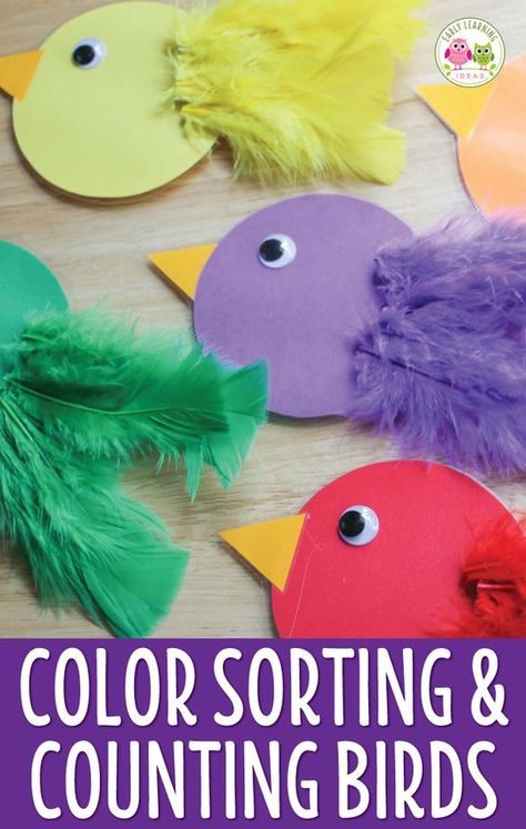 With a few materials you can make this bird color sorting and counting activity. Kids will love this hands-on math and fine motor activity. Teach colors, counting, composing and decomposing numbers, patterning and more.....Instructions and ideas included. Perfect for preschool, pre-k, and tot school. Påskeaktiviteter For Barn, Bird Crafts Preschool, Maluchy Montessori, Counting Activity, Teaching Colors, Theme Activity, Bird Crafts, Feather Crafts, Bird Theme