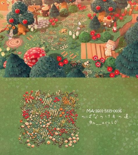 Animal Crossing Design Codes Forest Core, Animal Crossing Design Codes Grass Path, Acnh Paths Designs Forest, Acnh Orchard Path Code, Acnh Forest Path Designs, Forest Codes Acnh, Anch Custom Design Path, Acnh Mushroom Forest Path, Animal Crossing Nh Path Design