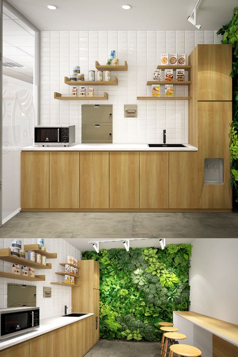 Small office pantry with greeneries - Workplace Interior Design Concept by G-i Contracting / Nội thất Văn phòng khu vực Pantry Modern Office Kitchenette Design, Pantry Interior Design Office, Work Kitchen Offices, Cafetaria Office Design, Pantry Office Design Small Spaces, Small Pantry Office Design, Small Office Pantry Ideas, Small Office Canteen Design, Small Office Break Room Design