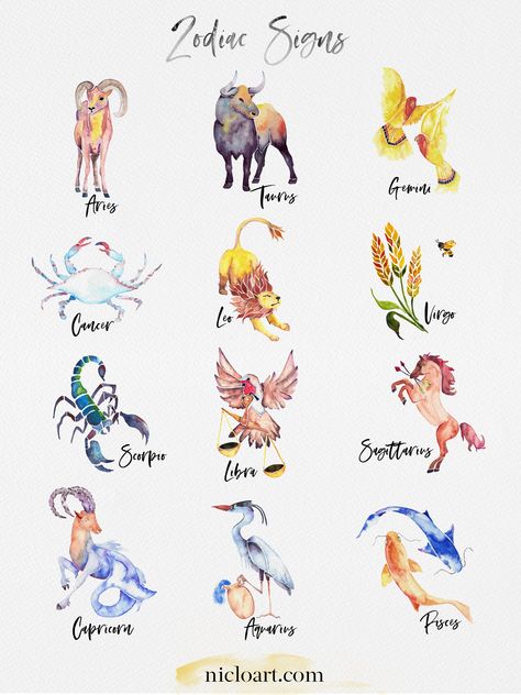 Hand painted watercolor astrology signs. Order single sign prints or custom natal birth charts for yourself or as a gift. #astrology #personalizedgift Birth Chart Painting, Astrology Signs Art, Horoscope Watercolor, Astrology Watercolor, Zodiac Signs Tattoos, Zodiac Signs Art, Birth Symbols, Watercolor Zodiac, Horoscope Design