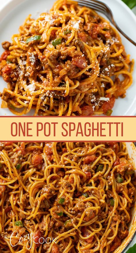 spaghetti with a meat sauce, and topped with parmesan cheese Spaghetti Recipes Black People, One Pot Lunch Ideas, Black People Spaghetti Recipes, Southern Spaghetti Recipes, One Pot Meals Easy, One Pot Spaghetti Recipe, Spaghetti Recipes Easy, Homemade Meat Sauce, Cozy Cook