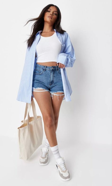 Light blue poplin shirt with distressed denim shorts and white crop top #fashion #summer #style #denim Blue Denim Shorts Outfit, Denim Shorts Outfit, Ripped Denim Shorts, Blue Denim Shorts, Distressed Denim Shorts, High Waisted Shorts Denim, Ripped Denim, Light Blue Denim, White Crop