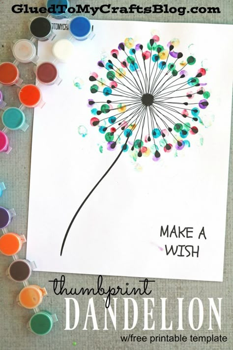 Thumbprint Dandelion - Kid Craft - this idea would be a great gift for a teacher or a DIY project for grandparents! Thumbprint Dandelion, Printable Diy Crafts, Kerajinan Diy, Diy Bricolage, Kid Craft, Seni Cat Air, Crafty Kids, Spring Art, Childrens Crafts