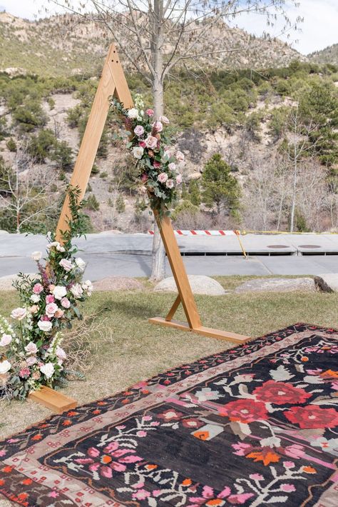 April I Do's at the Surf Chateau Hotel | Rocky Mountain Bride Diy Small Wedding Decorations, A Frame Wedding Arch, Triangle Arbor Wedding, Triangle Wedding Arbor, Boho Arbor, Wedding Hacks Budget, Wedding Alters, Wedding Arch Flowers, Wedding Arbour