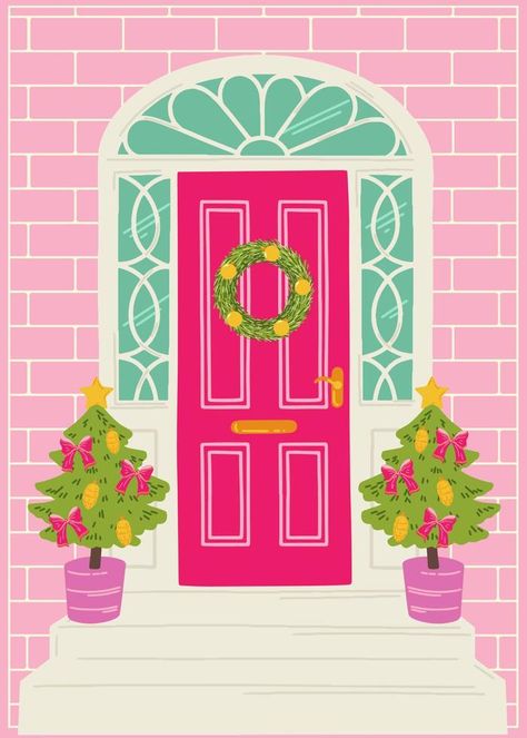 Pink Christmas house door decorated with a spruce wreath with balls. Entrance to the house with Christmas trees with pears and bows. Vector artistic illustration for postcards, banners and print. Christmas Front Door Illustration, Christmas Door Illustration, Pink Christmas House, Spruce Wreath, Entrance To The House, Artistic Illustration, Christmas Front Door, Flowers Paintings, Wreath Drawing