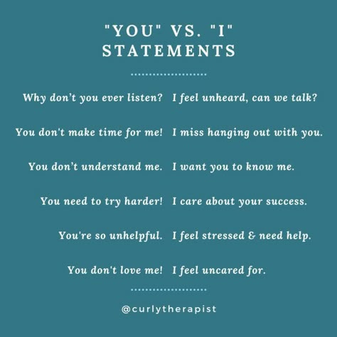 Changing your words will change your relationship. "You-statements" show no ownership of emotions but rather blame, accuse and assume the receiver. "You-statements" make your partner feel defensive and resentful. An "I-statememts" on the other hand, is to express how you feel inside, "I-statements" reduce hostility and defensiveness. When using "I-statements" you take responsibility for the part you played in the disagreement and display the openness for deep listening and resolution. I Statements, Deep Listening, Relationship Lessons, Relationship Therapy, Healthy Communication, Relationship Advice Quotes, I Am Statements, Relationship Psychology, Healthy Relationship Tips