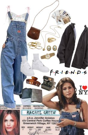 Rachel Green Dungarees, Rachel Green Lookbook, Rachel Greene Style, Rachel Green Overalls Outfit, Rachel Greene Inspired Outfits, Monica Green Outfits, Friends Tv Show Outfits Style, Friends Outfits 90s Joey, Rachel Green Style Inspiration