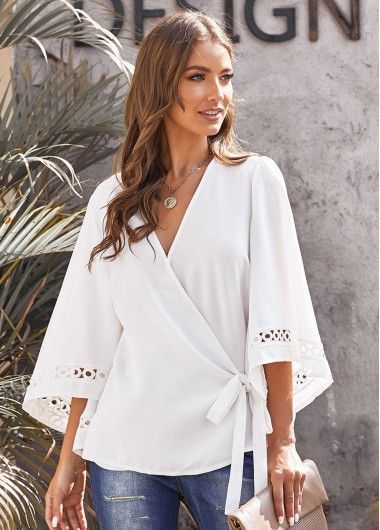 a424ed4bd3a7d6aea720b86d4a360f75desc48924369ri White Wrap Blouse, White Wrap Top, Buy Blouse, Crochet Bell Sleeve, Patch Work Blouse, Clothes Style, Kimono Sleeve, Wrap Blouse, Crochet Trim