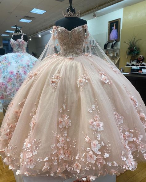 Princess Jewels on Instagram: “🌸Pretty in PINK🌸 Tag a #Quince friend who would LOVE this 👗⏬⏬ #arianavarabymoncheri #princesabyarianavara #princesabymoncheri #princesa…” Quiencera Dresses Champagne, Quincenera Outfit, Quinceanera Dresses Cinderella, Quiencera Ideas, Quiencera Themes, Champagne Quince Dresses, Ball Gown Sweet 16, Champagne Quinceanera Dresses, Pink Quinceanera Dresses