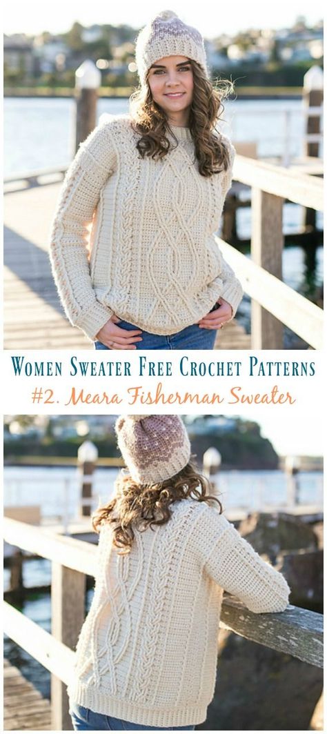 Meara Fisherman Cabled Sweater Crochet Free Pattern - Fall Winter Women #Sweater; Free #Crochet; Pattern Crochet Jumper Pattern Women, Cable Knit Crochet Sweater, Crochet Pattern Womens Sweater, Cable Crochet Sweater Pattern Free, Cable Crochet Sweater Pattern, Fisherman Sweater Crochet Pattern, Cable Sweater Crochet Pattern, Crochet Cable Cardigan Pattern, Rory Gilmore Sweater Crochet Pattern