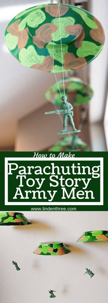 Learn How to Make Parachuting Toy Story Army Men for an army or Toy Story themed party! Just a few materials to include this unique detail, a great ceiling decoration. #toystoryparty #armymen #toystorydecorations Army Men Crafts, Toy Story Army Men, Toy Story Bedroom, Toy Story Decorations, Toy Story Nursery, Pixar Party, Toy Story Room, Toy Story Crafts, Army Crafts