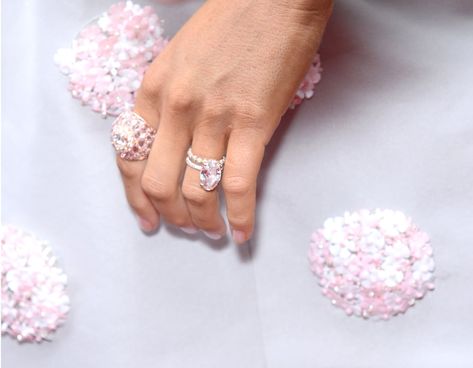 The Custom Rose Gold Ring Was Designed by Lorraine Schwartz Pink Diamond Halo Ring, Blake Lively Ring, Blake Lively Engagement Ring, Pink Celebrity, Side Diamond Engagement Ring, Peach Sapphire Rings, Natalie Marie Jewellery, Pink Morganite Ring, Pink Diamond Ring