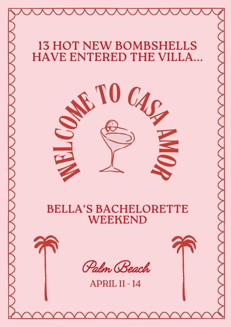 Customizable Bachelorette Itinerary Pink and Red Girls Weekend, Beach weekend, Love Island Bachelorette Party Love Island, Bachelorette Location Ideas, Tini Bachelorette, Love Island Bachelorette Theme, Love Island Themed Party, Love Island Aesthetic, Bachelorette Locations, Bachelorette Party Favor Bags, Bachelorette Party Itinerary